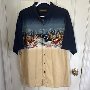 Men's Bit & Bridle Button Down Western Horse/Patriotic Print Shirt - Navy & Tan